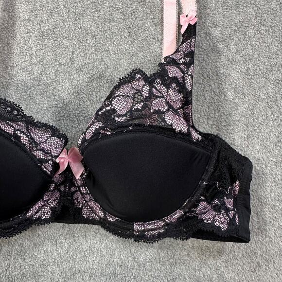 Adore Me Underwire Balconette Bra Sz 34B Black/Pink Lace Padded - Picture 4 of 7